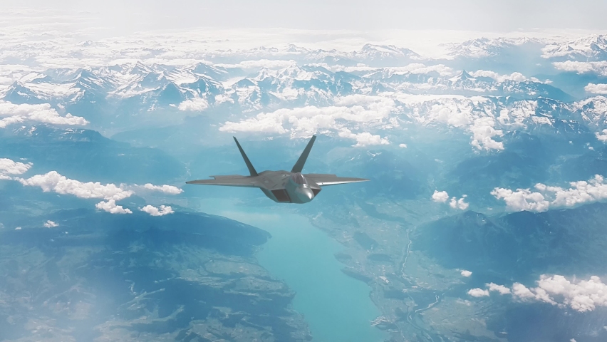 Military Fighter Jet Flying High Above Clouds and Lakes 3D CGI Animation 4K