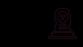 Glowing neon line Grave with tombstone icon isolated on black background. 4K Video motion graphic animation.