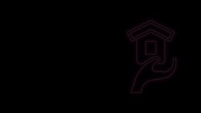 Glowing neon line Shelter for homeless icon isolated on black background. Emergency housing, temporary residence for people, bums and beggars without home. 4K Video motion graphic animation.