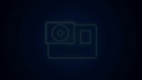 Glowing neon line Action extreme camera icon isolated on black background. Video camera equipment for filming extreme sports. 4K Video motion graphic animation .