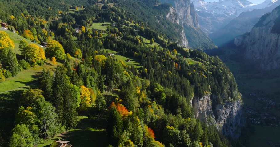 Aerial view of the beautiful Swiss nature in Lauterbrunnen valley in Switzerland Royalty-Free Stock Footage #1096495927