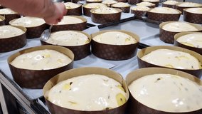 artisan chef designer finishing a bunch of panettone cake with sweet frosting