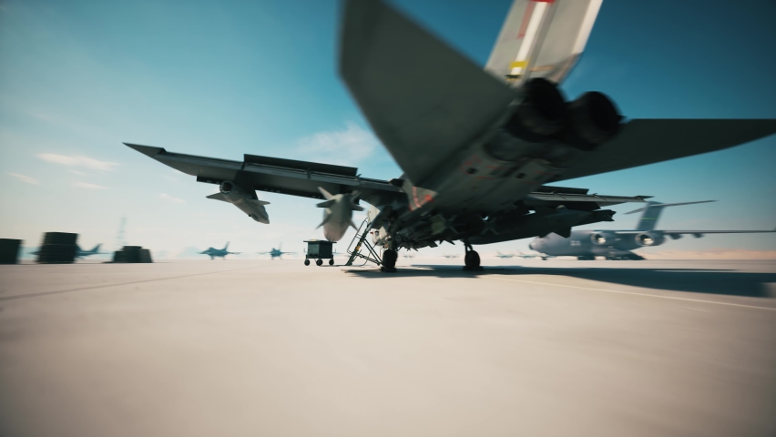 Flying around a military fighter. Military fighter in the airport. 3d animation