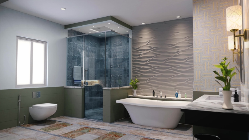 Interior design of the bathroom with bathtub, showercabin with blue tile and classic basin with gray. Stylish interior of the bathroom area. 3D visualization animation of interior | Shutterstock HD Video #1096499463