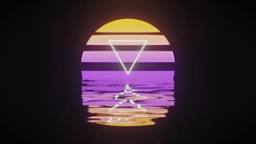 Animation of hello text in white and triangle over setting sun and water, on black background. Social media, video game, communication and retro future concept digitally generated video.