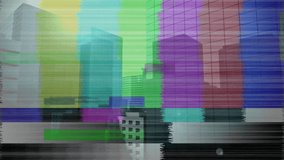 Animation of you win text in white with colourful distortion over cityscape. Social media, video game, communication and retro future concept digitally generated video.