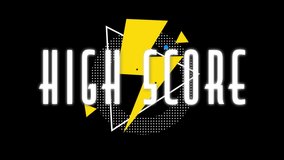 Animation of high score text in white, with yellow lightning bolt and shapes on black background. Social media, video game, communication and retro future concept digitally generated video. - Powered by Shutterstock - Get 15% off with code: PIKWIZARD15