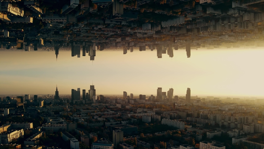 Futuristic inverted Aerial View landscape of peripheral  parallel city. Parallel Mirror Effect. Surreal Concept of Hi Tech city. Royalty-Free Stock Footage #1096502787