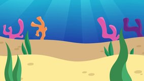 Underwater nature video concept. Colorful Moving background or banner with sandy seabed, ocean fauna, coral reef and green algae. Landscape of wild underwater world. Flat graphic animated cartoon