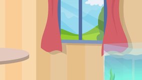 Room with aquarium video concept. Colorful moving banner or background with house interior, wooden table, window view and water tank for fish. Stylish apartment. Flat graphic animated cartoon