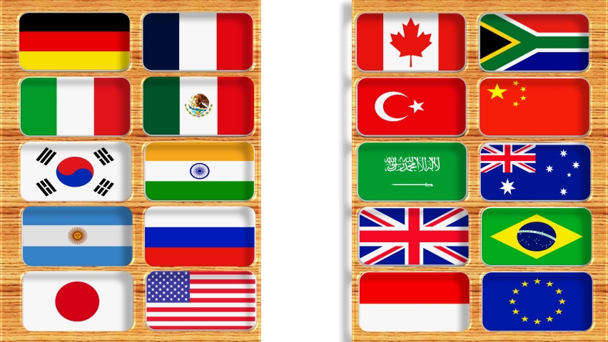 G20 3D Flags  With Revealing the name of Country inside the wooden frame and aluminium background .3d render. G20 summit .G20 Countries Meeting. Government Meeting. 3D Flag animation . Royalty-Free Stock Footage #1096503181