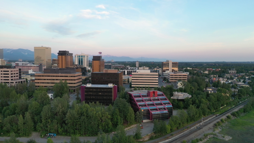 Aerial view of Anchorage, Alaska at sunset