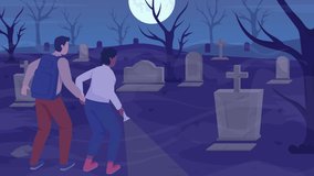 Animated graveyard illustration. Cemetery horror. Frightened couple. Looped flat color 2D cartoon characters animation video in HD with monsters and tombs on transparent background