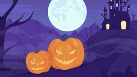 Animated haunted castle illustration. Wicked pumpkins. Residence on hill. Spooky environment. Looped flat color 2D cartoon landscape animation video in HD with full moon on transparent background