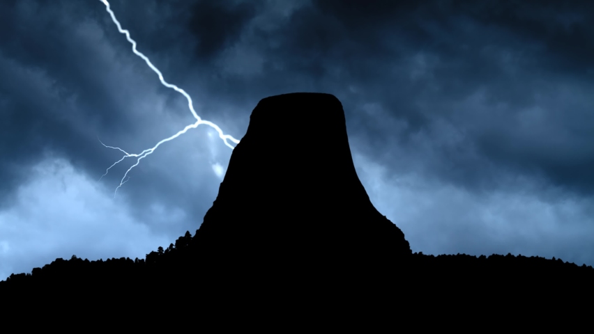 Lightning and Thunderstorm flash over the Devils Tower Natural Monumen in Wyoming, USA