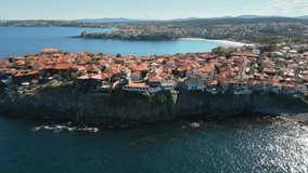 Aerial view of Sozopol Bulgaria. Drone video with the old town of Sozopol in Bulgaria. An ancient seaside town of the major seaside resorts in Bulgaria.