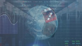 The dice is spinning on a reflective surface in slow motion. the animation shows statistics, data processing, and a globe spinning over an empty locker room. - Powered by Shutterstock - Get 15% off with code: PIKWIZARD15