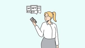 Smiling businesswoman get likes for nft on cellphone. Happy female earn from nonfungible tokens on smartphone. Motion illustration.  - Powered by Shutterstock - Get 15% off with code: PIKWIZARD15