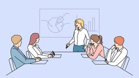 CEO or boss present business project on board to colleagues in office. Businesswoman make presentation with diagrams and graphs. Motion illustration. 