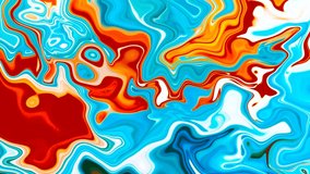 Fluid art drawing video, abstract acrylic texture with colorful waves. Liquid paint mixing backdrop with splash and swirl. Detailed background motion with blue, red and turquoise overflowing colors. 