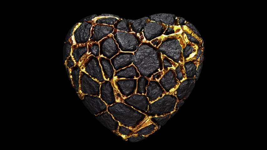 Realistic looping 3D animation of the spinning weathered aged dark stone or rock heart with shining precious gold streaks rendered in UHD with alpha matte | Shutterstock HD Video #1096531167