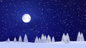Peaceful winter landscape with snow covered fir trees forest at snowfall against dark blue night sky with big full moon. With no people 3D animation for Xmas or New Year holiday background. - Powered by Shutterstock - Get 15% off with code: PIKWIZARD15