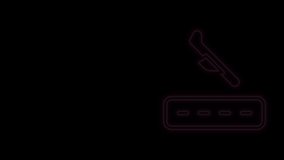 Glowing neon line Plane landing icon isolated on black background. Airplane transport symbol. 4K Video motion graphic animation.