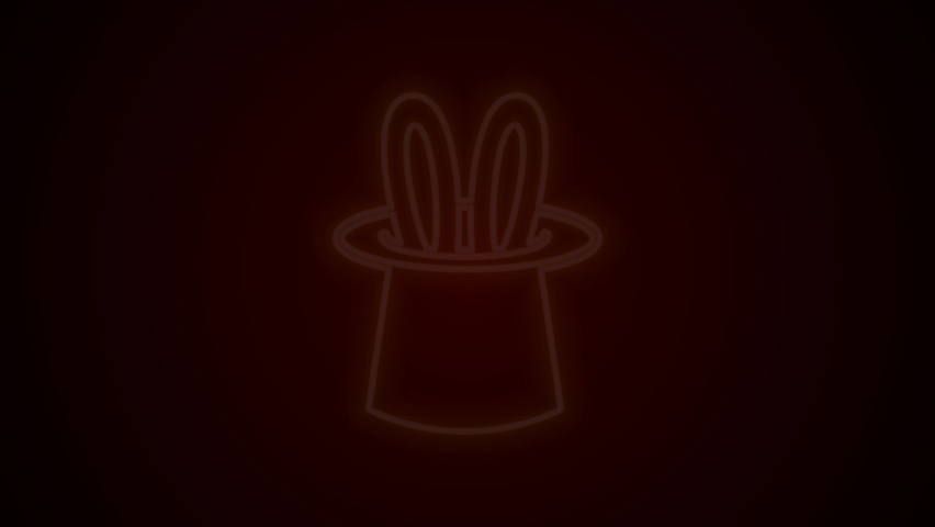 Glowing neon line Magician hat and rabbit ears icon isolated on black background. Magic trick. Mystery entertainment concept. 4K Video motion graphic animation.