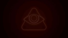 Glowing neon line Masons symbol All-seeing eye of God icon isolated on black background. The eye of Providence in the triangle. 4K Video motion graphic animation.