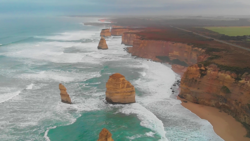 Twelve Apostles coastline along the Great Ocean Road, Victoria - Australia. View from drone