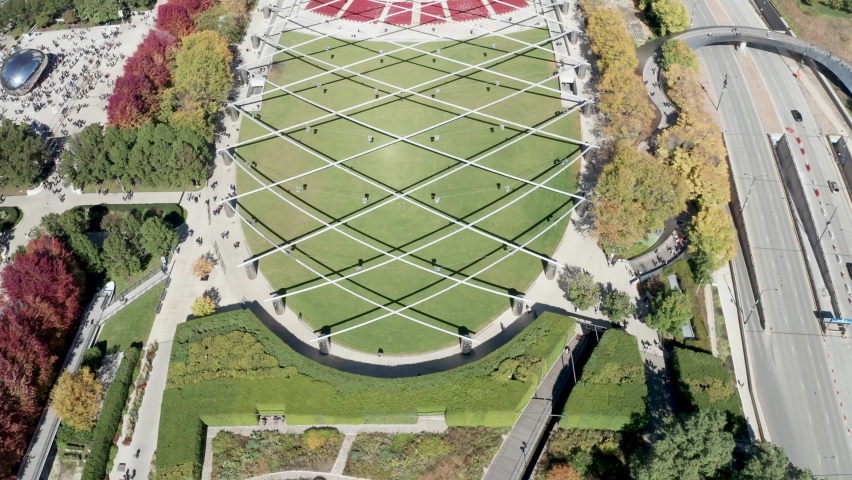 Jay Pritzker Pavillion in Chicago, Illinois with drone video moving forward.