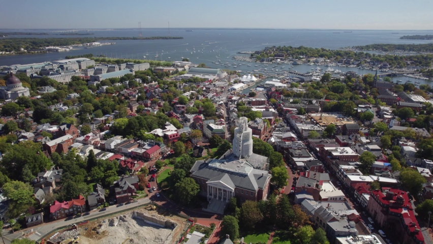 Aerial view of Annapolis Maryland, Annapolis Harbor, Chesapeake Bay, US Naval Academy, Chesapeake Bay Bridge