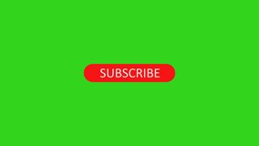 Subscribe button animation on green screen, cursor clicks on the button and bell icon appears. Transparent subscribe animation.
