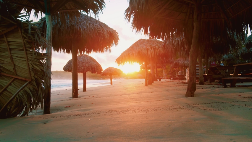 Tropical sunset on a sandy palm beach. The setting sun between the beach umbrellas on the sea coast. Evening landscape of the Caribbean. Twilight on the sea beach. Camera moves.