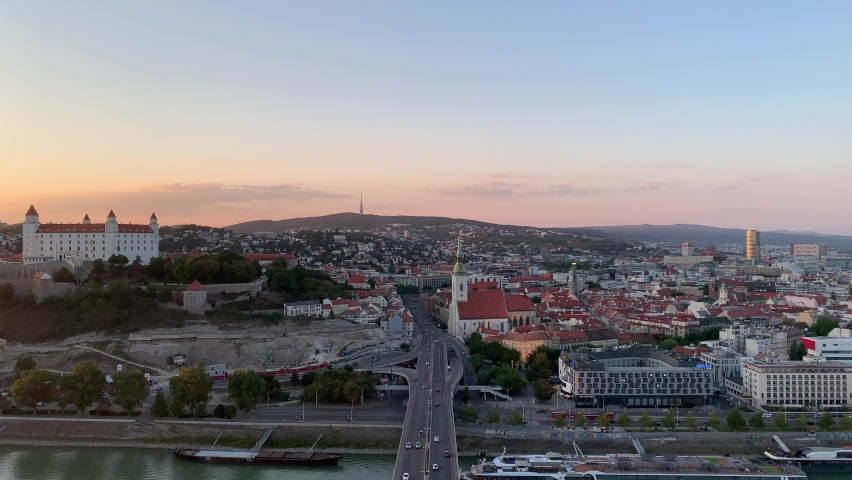 Panoramic, scenic aerial view of Bratislava castle, St. Martin
