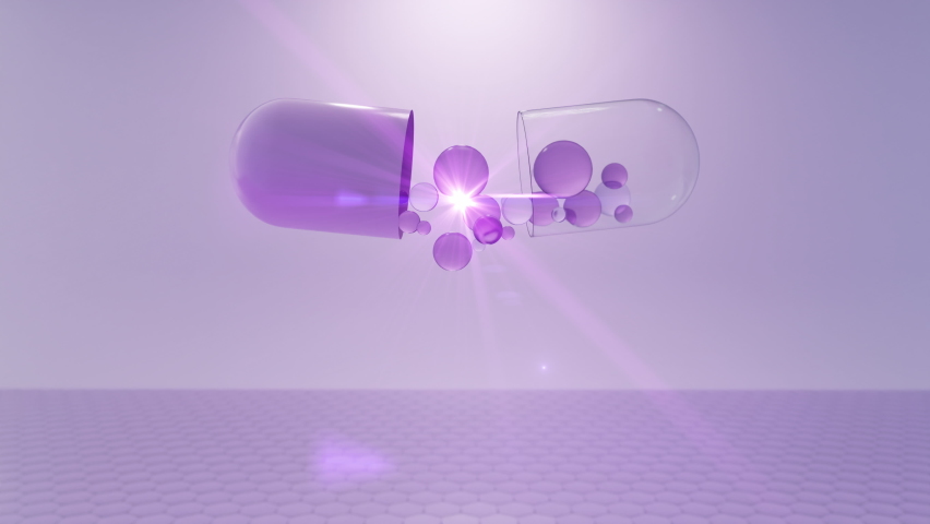 capsule drop water collagen purple and structure. Vitamin solution complex with Chemical formula from nature. Beauty treatment nutrition skin care design. Medical and scientific concepts. 3D Realistic