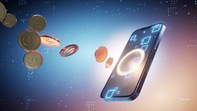 smart phone transfer money , gold coin move to mobile, Qr code Scan, blue background, dollar symbol - Powered by Shutterstock - Get 15% off with code: PIKWIZARD15