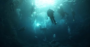 scuba diver exploring around a reef  and caves underwater deep blue water big rocks and bubbles ocean scenery nice blue light 