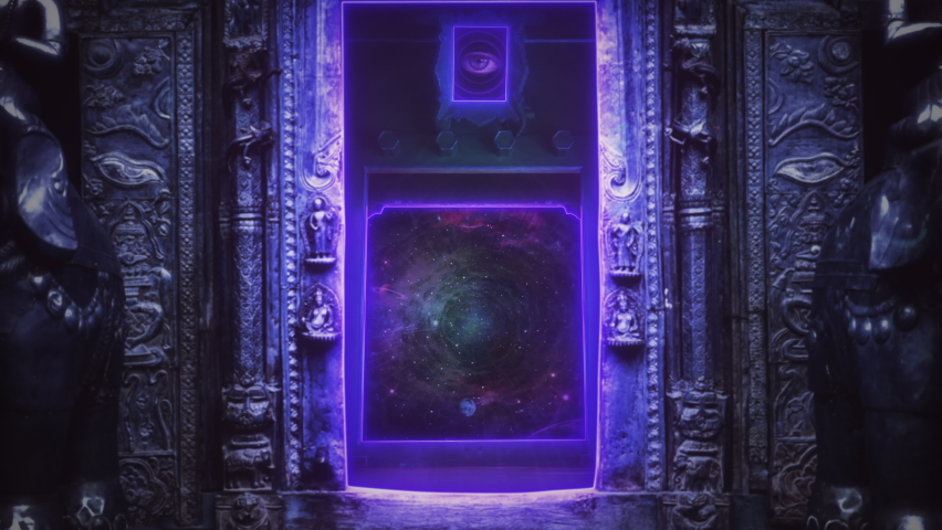 Space Travel Portal Mystic Temple Watching Eyes Zoom In. Going inside an ancient temple with a space portal vortex, zoom in. Surreal scene Royalty-Free Stock Footage #1096554933