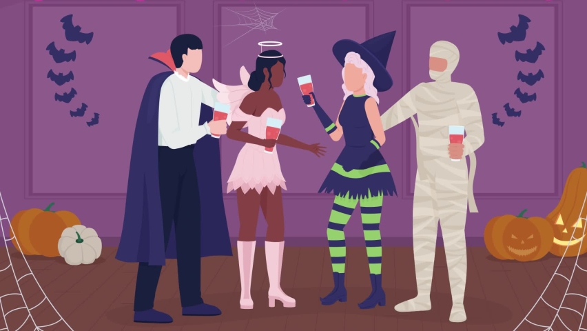 Animated halloween illustration. Raising toast. Seasonal holiday. Looped flat color 2D cartoon characters animation video in HD with spooky masquerade party on transparent background
