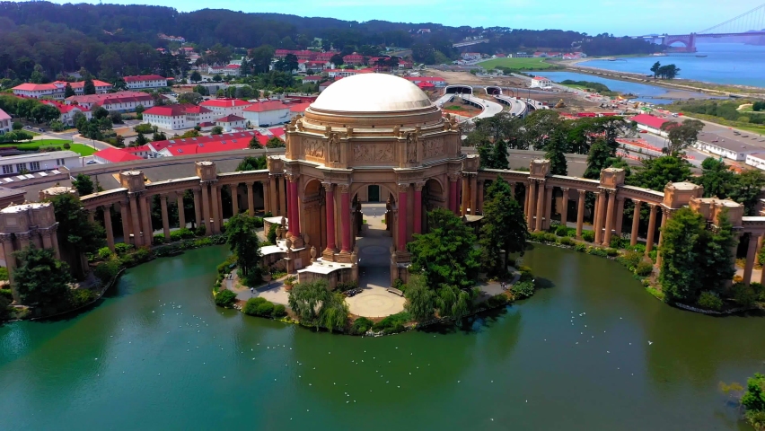 Aerial view of Palace of Fine Arts a monumental structure located in the Marina District of San Francisco, California