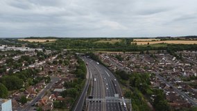 High Angle Footage of British Roads with Traffic of Town, Drone's Camera View of Luton Town of England UK