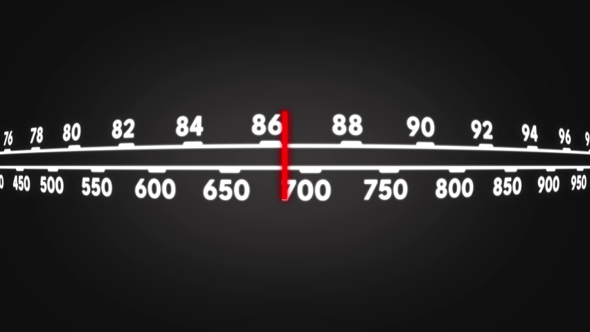 Radio Dial Dashboard with FM Frequency Numbers on Dark Background. Animation of Radio Station Amplifier and Tuner Royalty-Free Stock Footage #1096568347