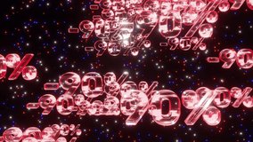 Red neon minus ninety percent symbols fall down space with twinkling stars, looped 3d render. Concept of discounts, sales, seasonal promotions, black friday, singles day and shopping 1111.