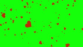 Falling shaped red hearts on a green chromakey background. Motion graphic video animation. Valentines day