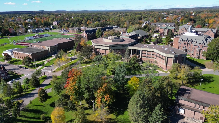 An aerial drone flyover video showcasing the Mount Allison University campus in Sackville, New Brunswick during the fall semester.