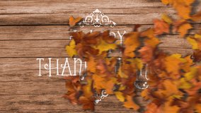 Pile of Maple Leaves Getting Blown With Wind and Revealing Happy Thanksgiving Message Written on Wood Background. Beautiful Autumn Time Leaves on the Ground. Prores 4444 - Powered by Shutterstock - Get 15% off with code: PIKWIZARD15