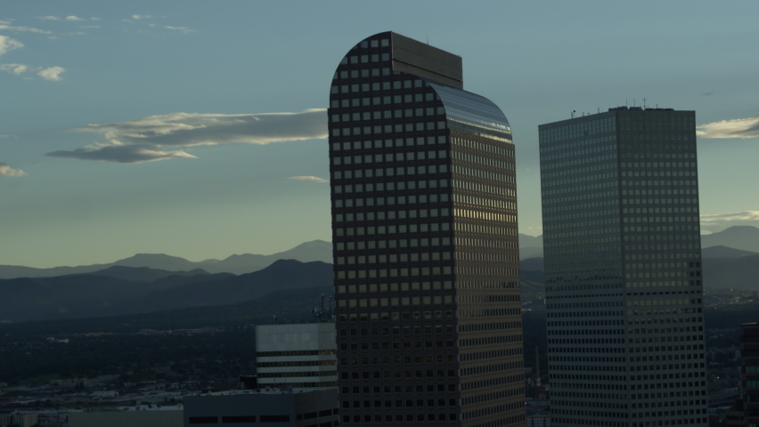Denver skyline aerial daytime bridge and river 45 mm zoom lens Inspire 2 ProRes 422 HQ panning right