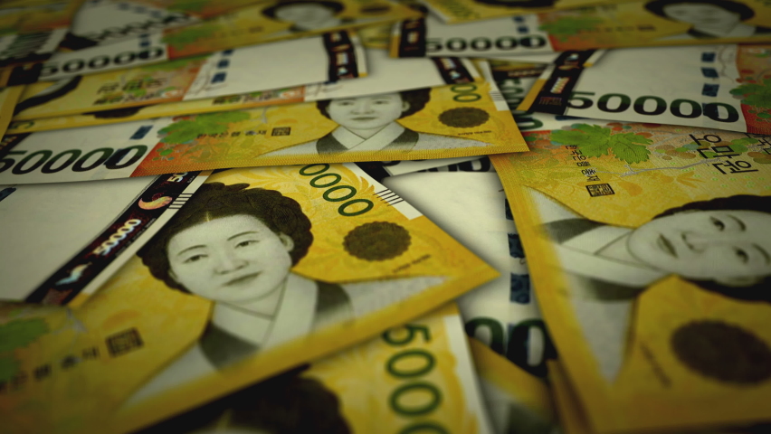 Won 50000 KRW banknote surface. Flying over South Korea money note. 3D abstract concept of business, inflation, economy, finance, crisis and banking. Seamless and looped. Royalty-Free Stock Footage #1096572797