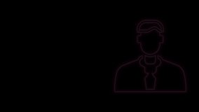 Glowing neon line Worker icon isolated on black background. Business avatar symbol user profile icon. Male user sign. 4K Video motion graphic animation.